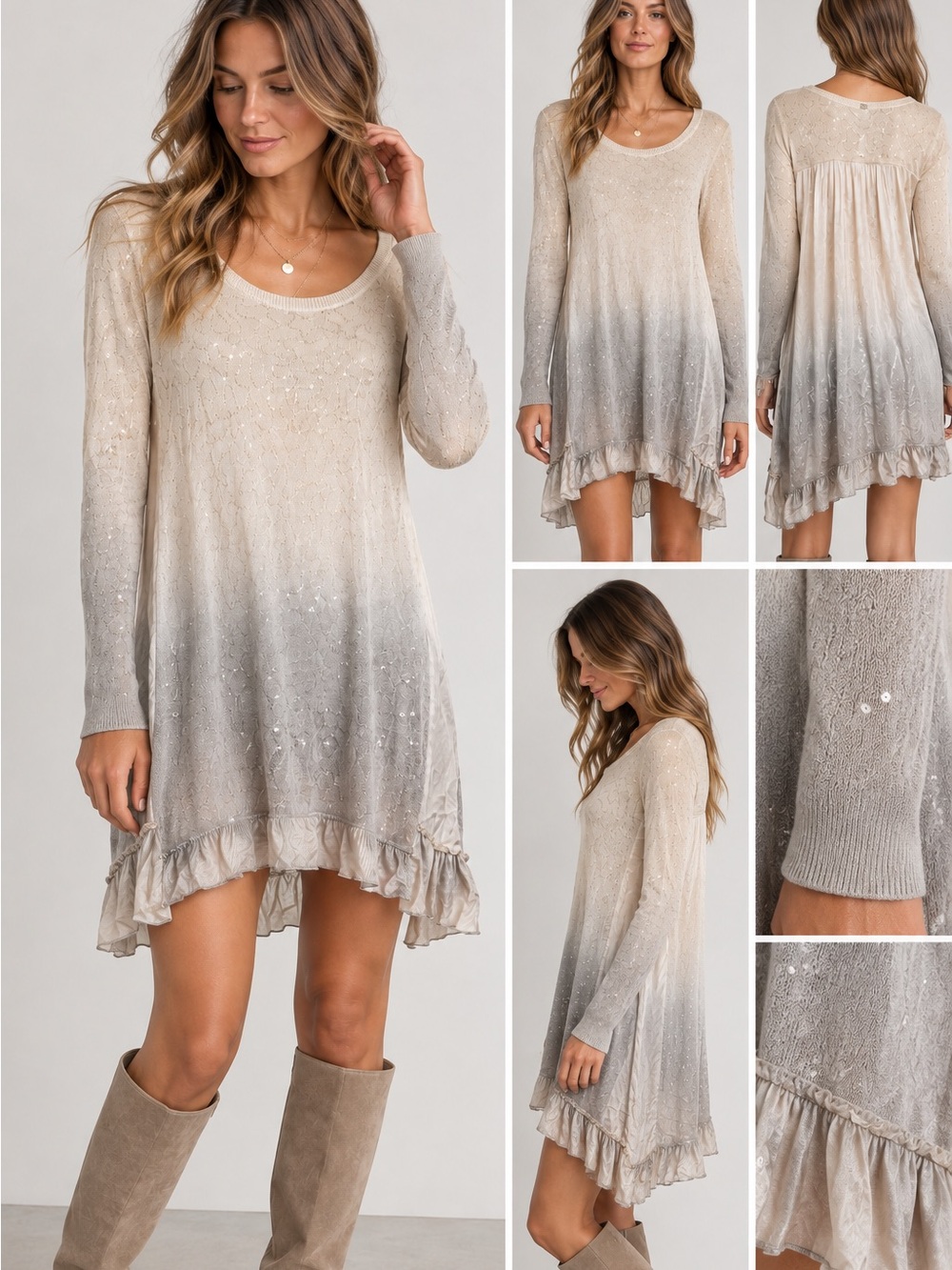 Chan Luu White Silver Ombré Sequin Mixed Media Knit Tunic/Dress